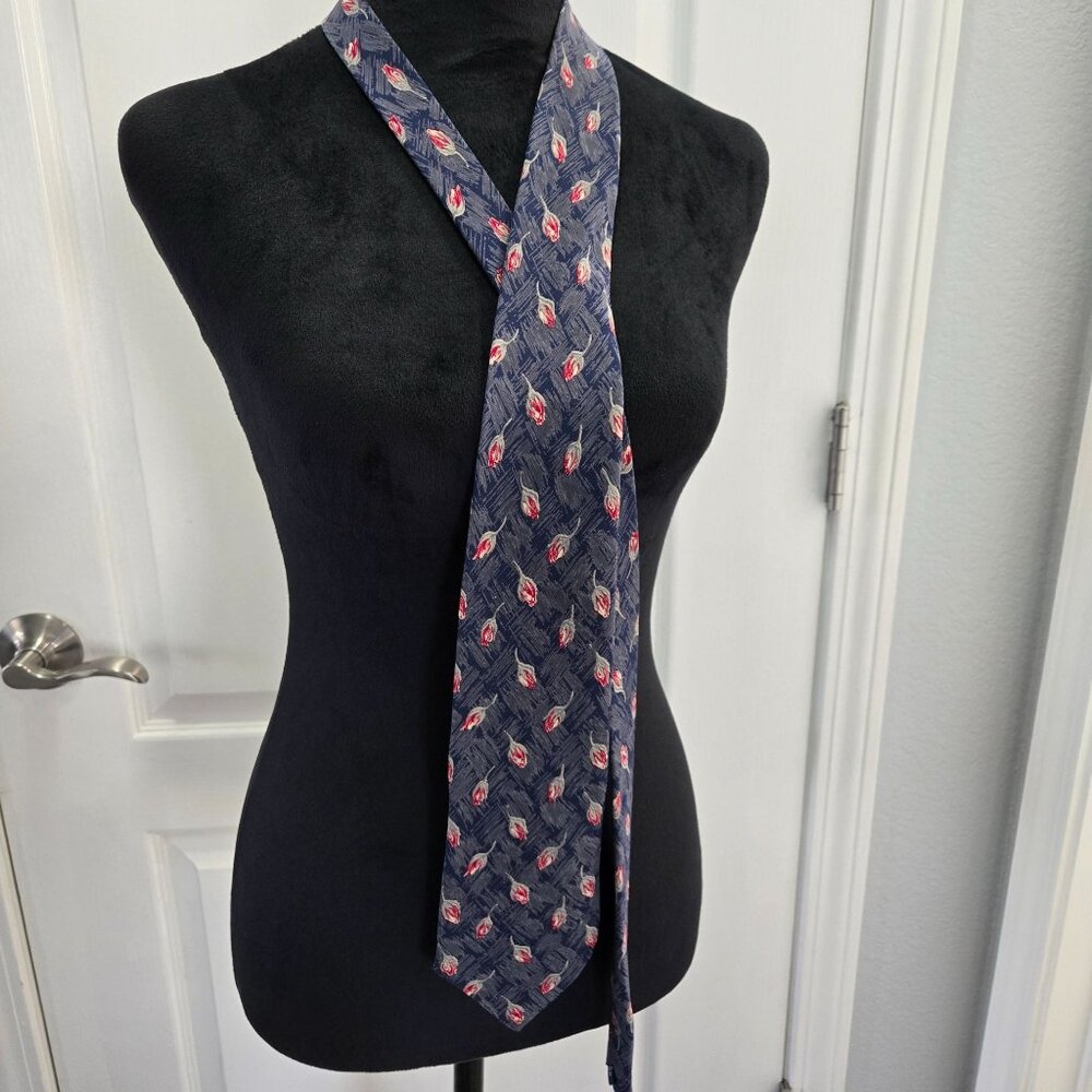 Christopher Hayes Navy, Red & Gray Floral Pattern Silk Tie